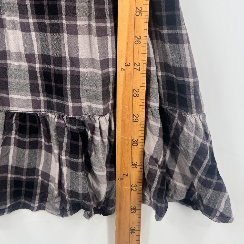 Hollister Plaid Mini Dress Size M Black Grey Smocked‎ Ruffle 3/4 Sleeve 90s - Picture 6 of 8